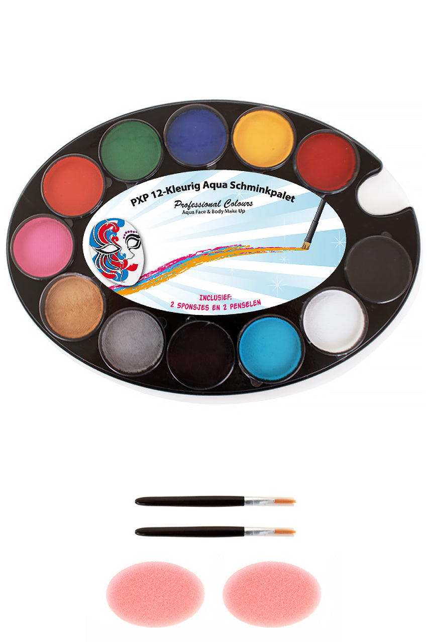 Face Painting palette with colourful shades and two brushes on a white background