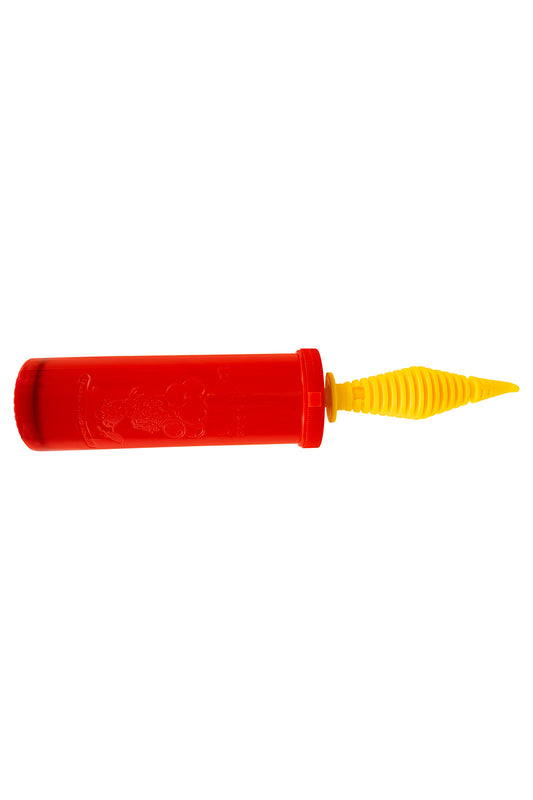 Red and yellow balloon pump on a white background