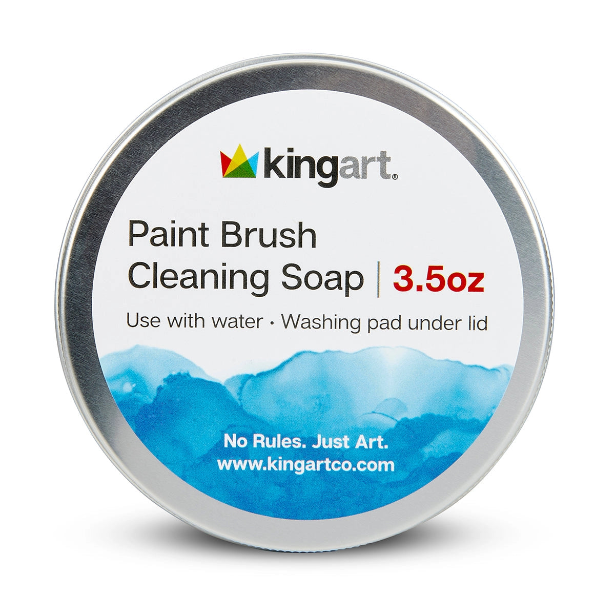 Tin of Kingart paint brush cleaning soap with label on a white background