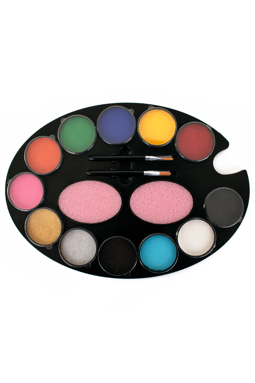 face painting palette with various colours and a brush on a white background